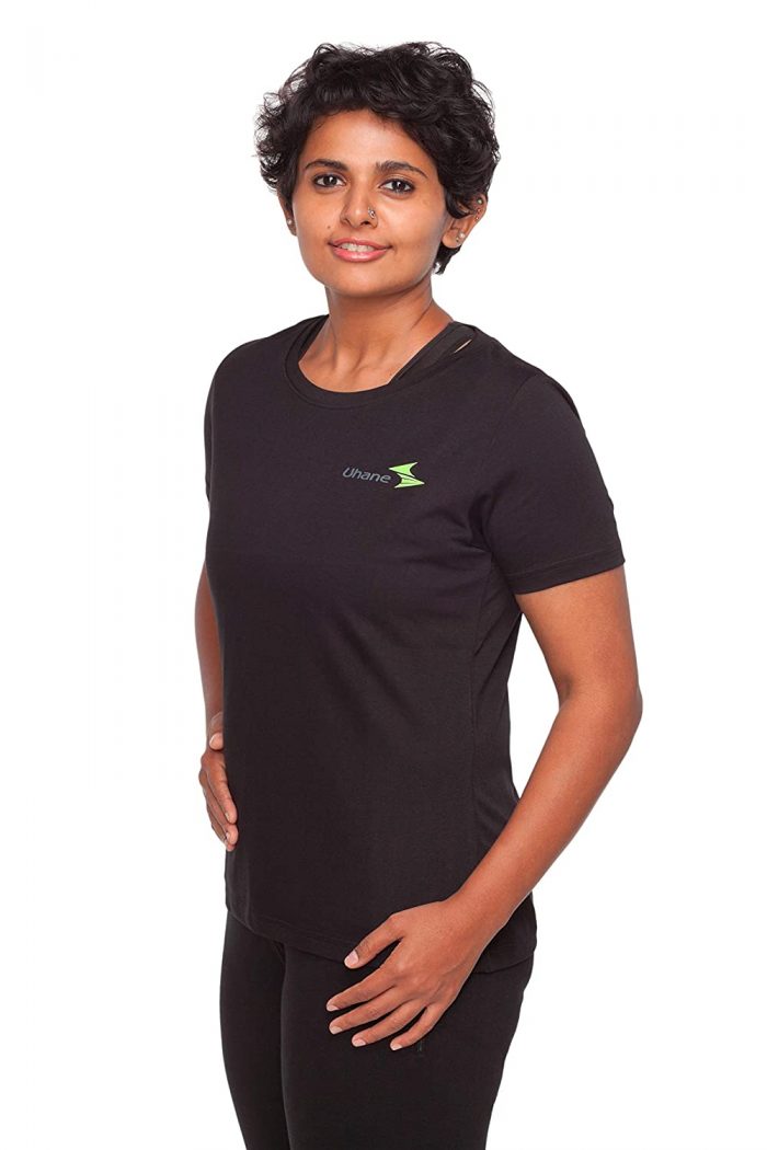 Uhane Women’s Gym Dri-Fit Classic Work-Out Round Neck Loose Fit T-Shirt (Black) Short Sleeves