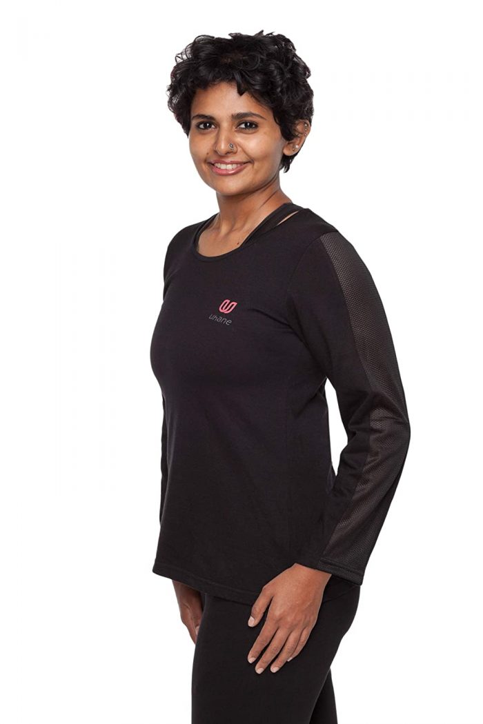 Uhane Women’s Yoga and Gym Cotton Work-Out Deep Round Loose Fit Full-Sleeve T-Shirt (Black) Long Sleeves Top for Sports and Fitness
