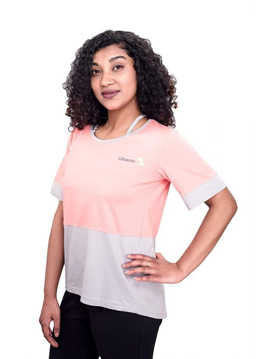 Uhane Women’s Yoga and Gym Cotton Work-Out Extreme Deep Neck Loose Fit T-Shirt (Pink) Short Sleeves Top for Sports and Fitness