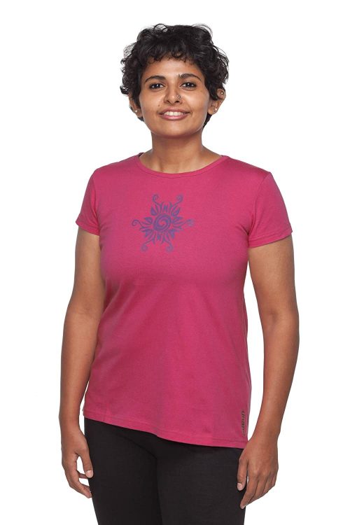 Uhane Women’s Yoga and Gym Cotton Work-Out Round Neck Straight Cut Printed T-Shirt (Deep Pink) Short Sleeves Top for Sports and Fitness