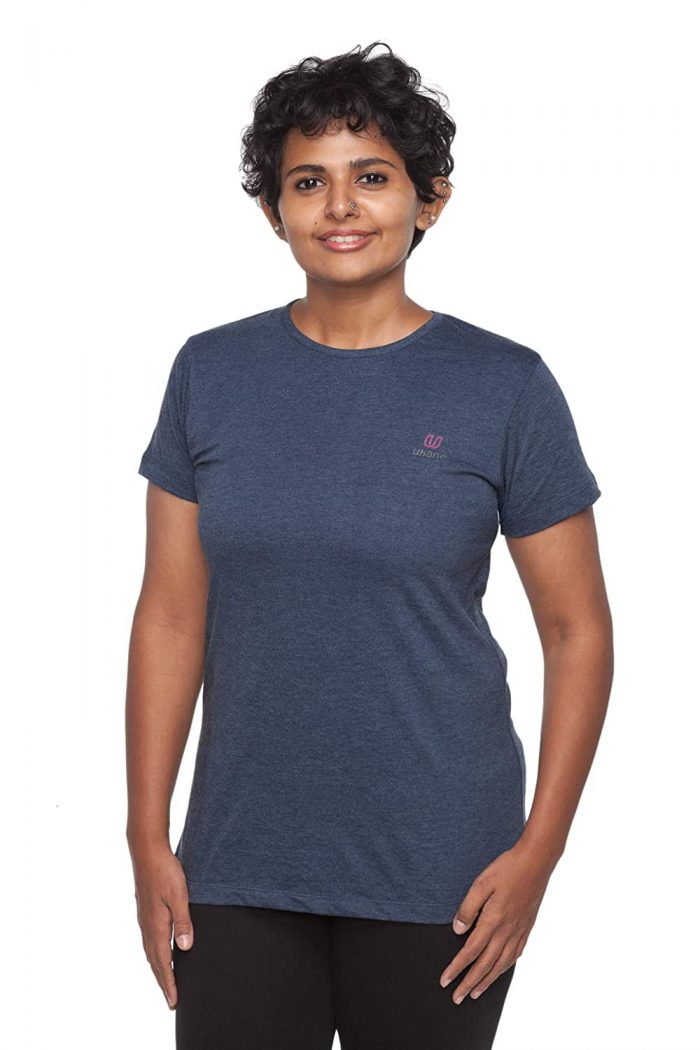 Women’s Yoga and Gym Cotton Work-Out Round Neck T-Shirt (Dark Blue) for Sports and Fitness