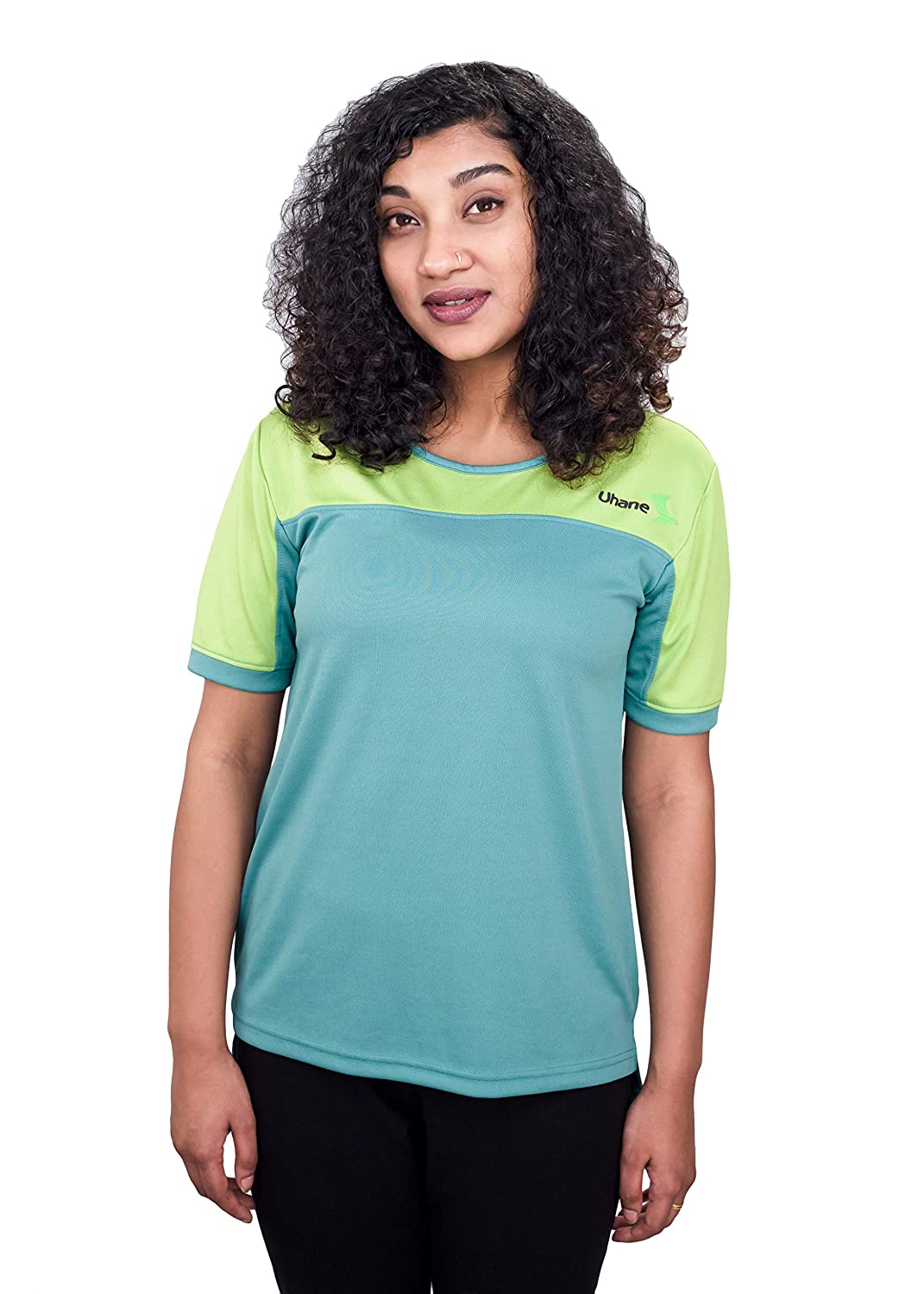 Uhane Women’s Gym Dri-Fit Work-Out Round Neck Loose Fit Straight-Cut Long Back T-Shirt (Ocean Blue/Lime Green) Short Sleeves