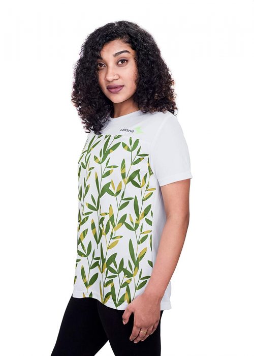 Uhane Women’s Gym Dri-Fit Work-Out Round Neck Loose Fit T-Shirt (White with Green Leaf Print) Short Sleeves Printed