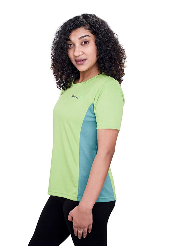 Uhane Women’s Gym Dri-Fit Work-Out Round Neck Loose Fit T-Shirt (Lime Green/Ocean Blue) Short Sleeves