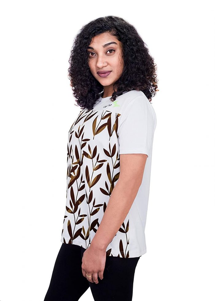 Uhane Women’s Gym Dri-Fit Work-Out Round Neck Loose Fit T-Shirt (White with Brown Leaf Print) Short Sleeves Printed